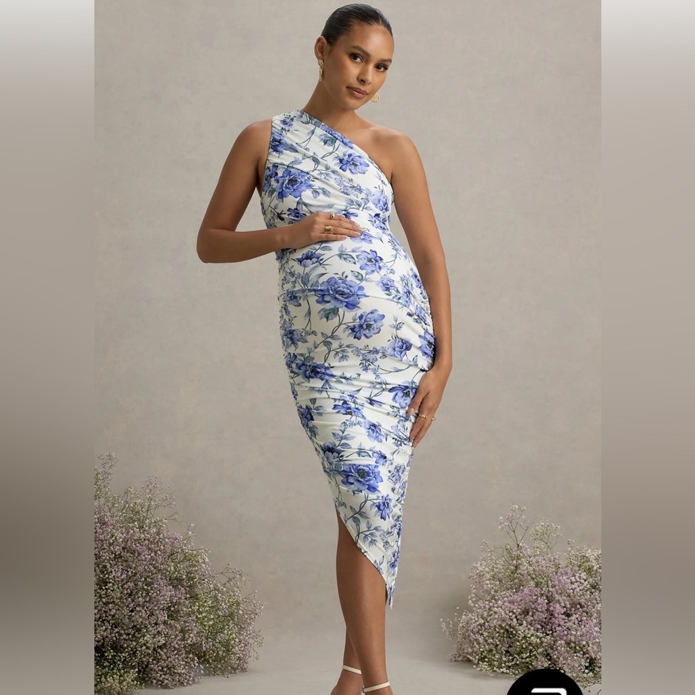 Club L London Asymmetrical One Shoulder Maternity Dress in White and Blue